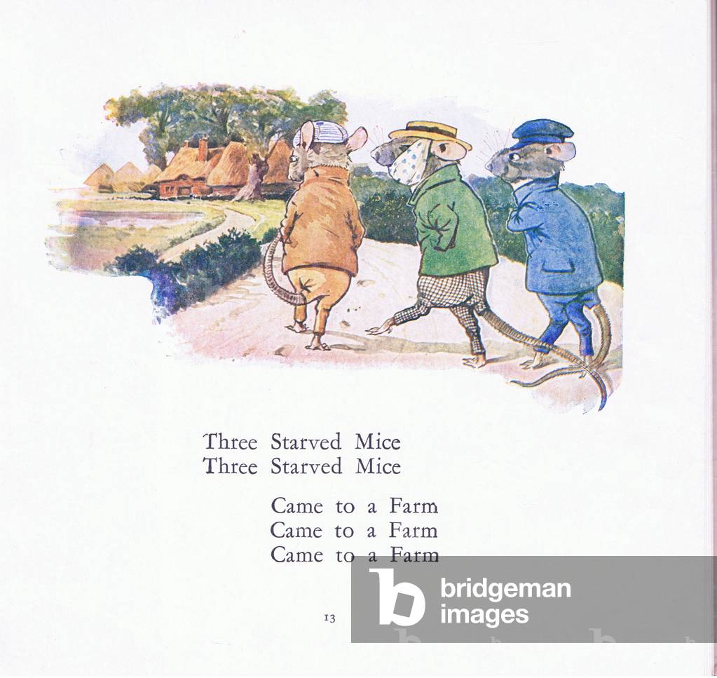 Drei verhungerte Mäuse, drei verhungerte Mäuse, kommen zu einem Bauernhof (Farblitho)