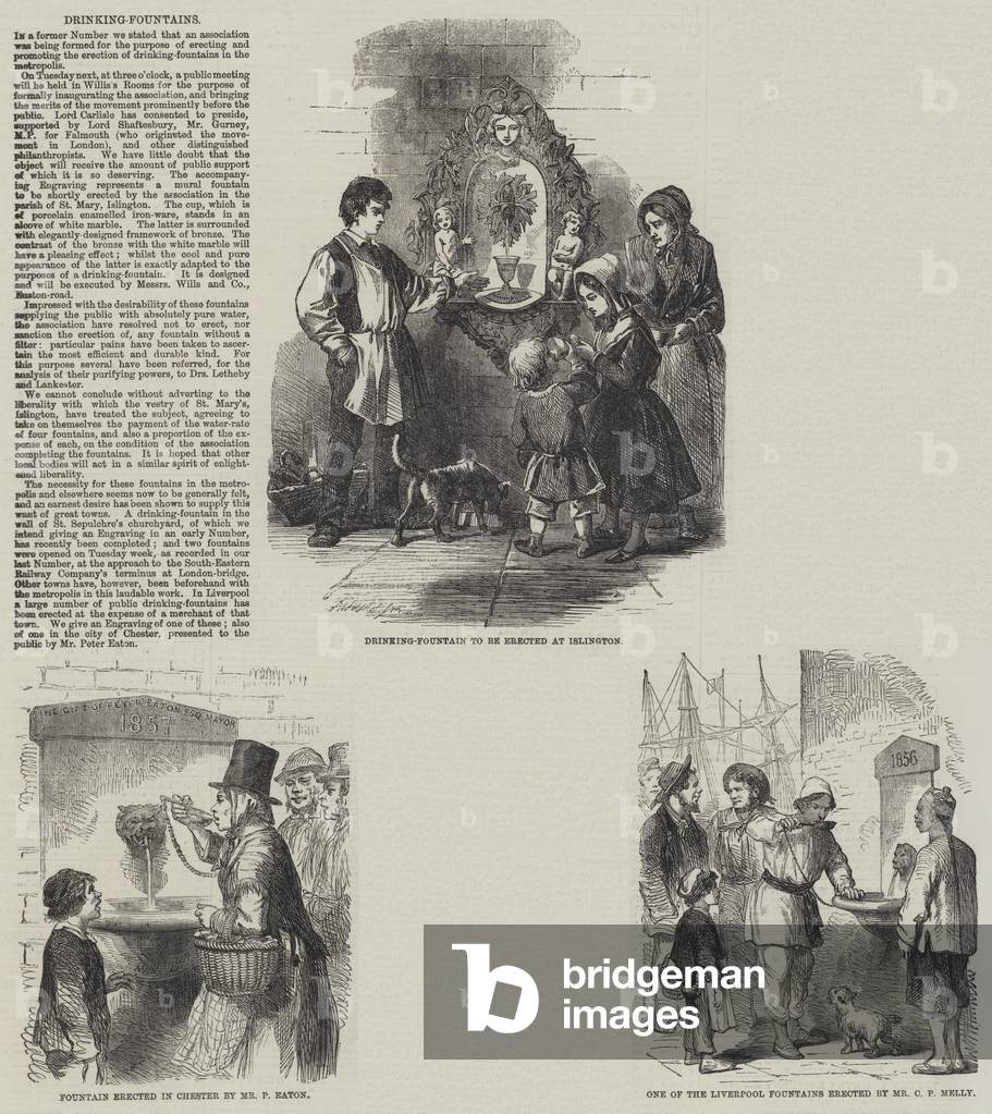 Drinking-Fountains (engraving) by English Artist, b/w