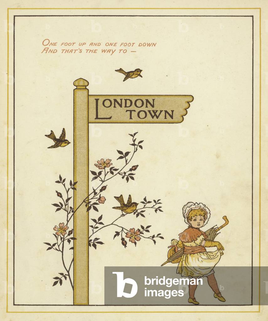 Un cartello indica la strada per Londra Town con una giovane ragazza che cammina in quella direzione (colore l