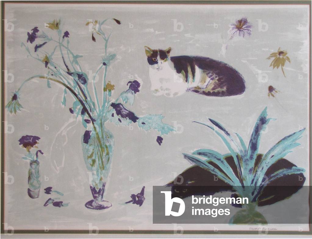 Immagine di Stampa "ancora la vita con gatto (lito)" di Dame Elizabeth Blackadder