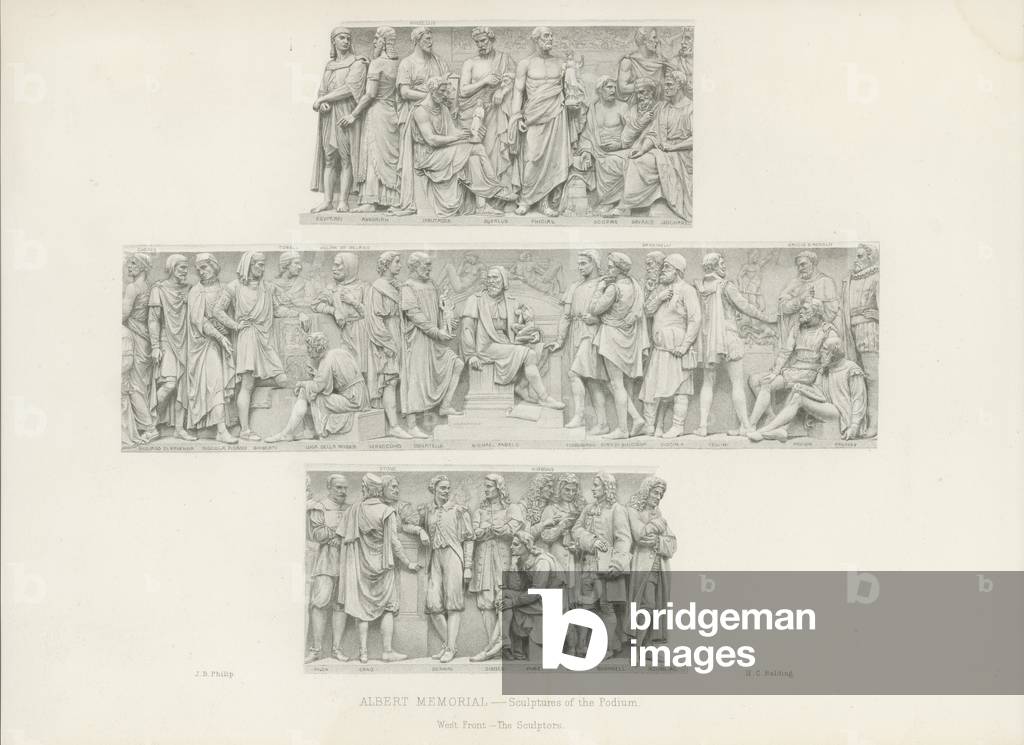 Skulpturen auf dem Podium des Albert Memorial (Gravur)