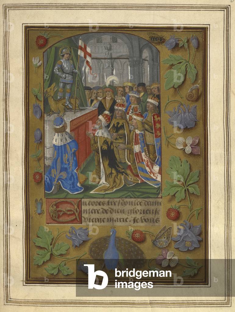 I re e le loro corde davanti all'altare di San Giorgio. Il santo tiene uno stendardo e calpella il drago sotto