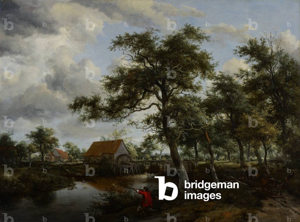 Image de Peinture représentant Paysage boisé avec moulin à eau par Meindert Hobbema