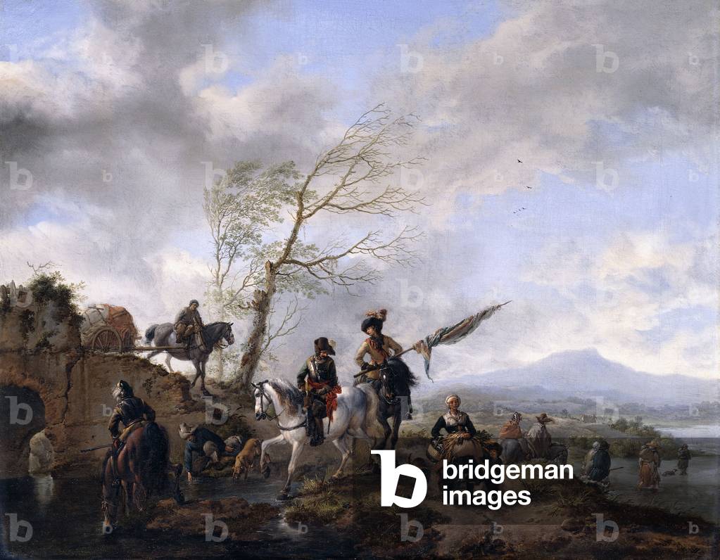 Image de Peinture représentant Un vaste paysage fluvial avec des soldats et un porteur standard arrosant leurs