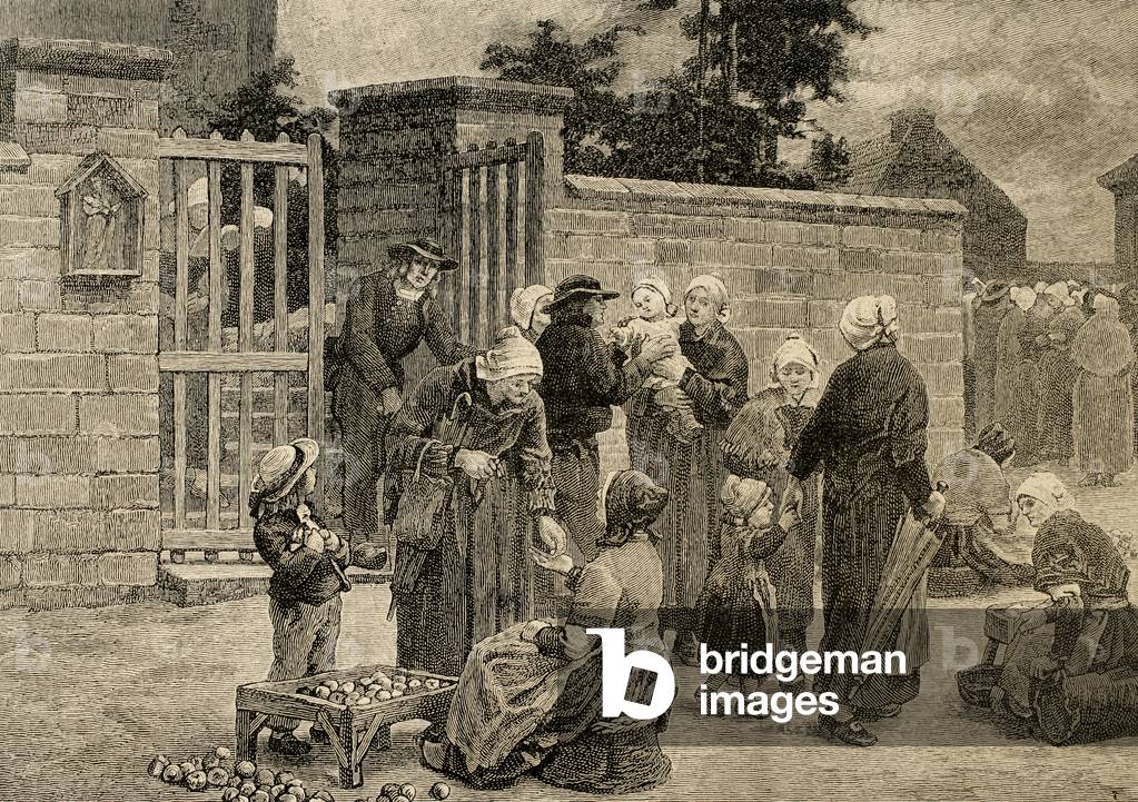 Leon Augustin Lhermitte (1844-1925). Französischer Maler. Der Markt für Äpfel. Gravur.