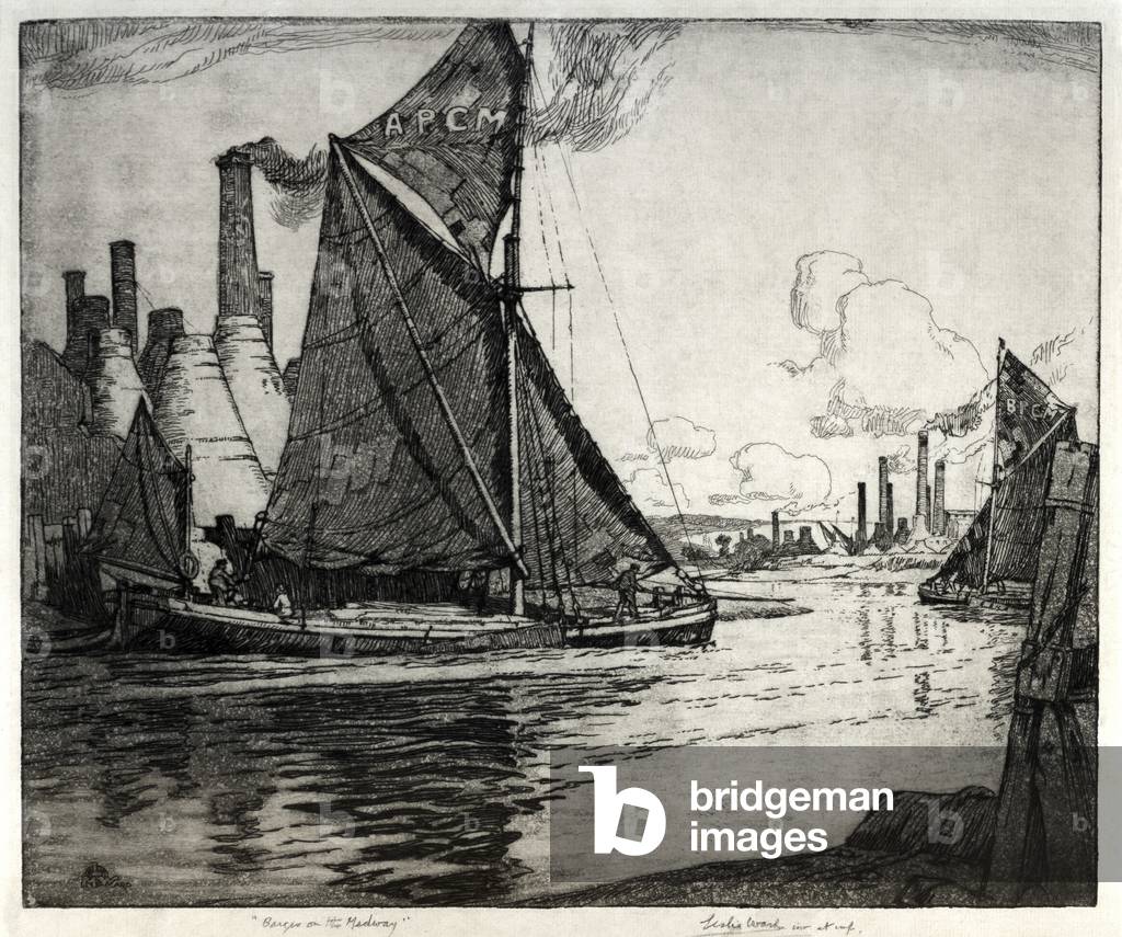 Barges on the Medway (etching) by Leslie Moffat Ward