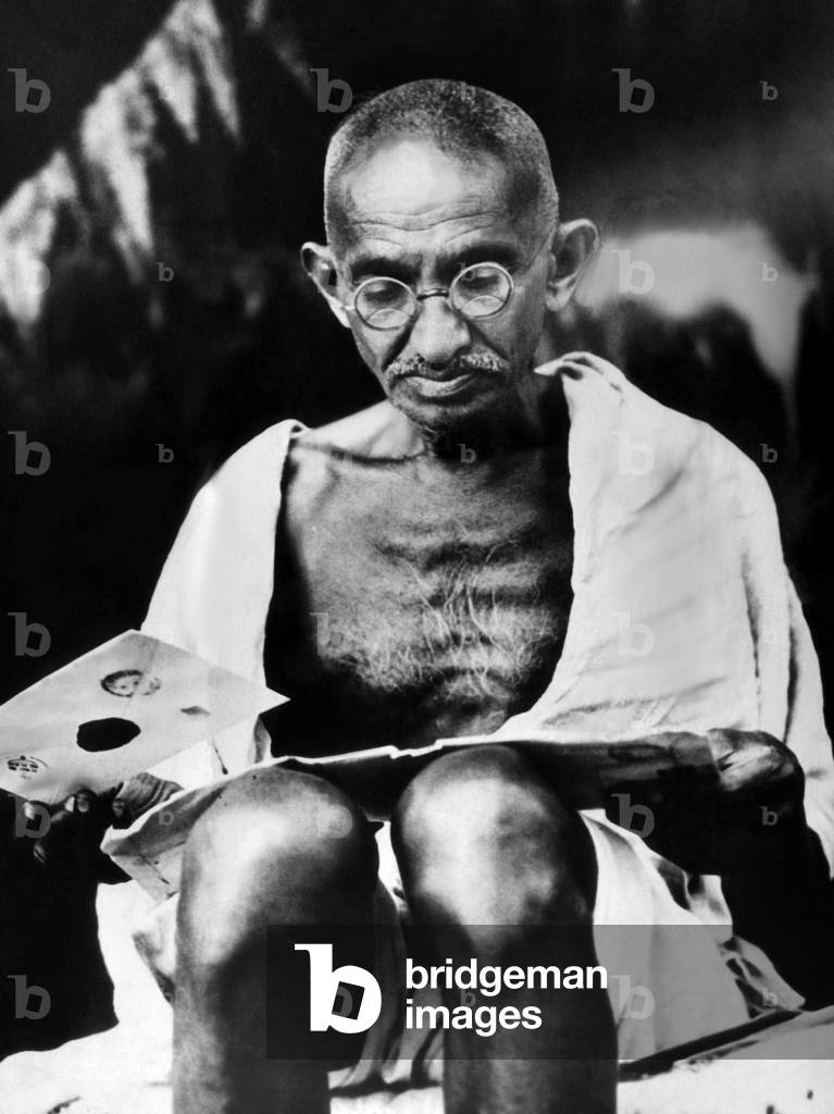 Image of Mahatma Gandhi prepares for a hunger strike. 1939