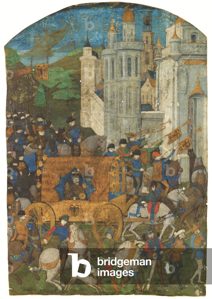 Processione trionfale del Sacro Romano Imperatore, ricavata da un manoscritto, Rouen, terzo quarto del XV seco