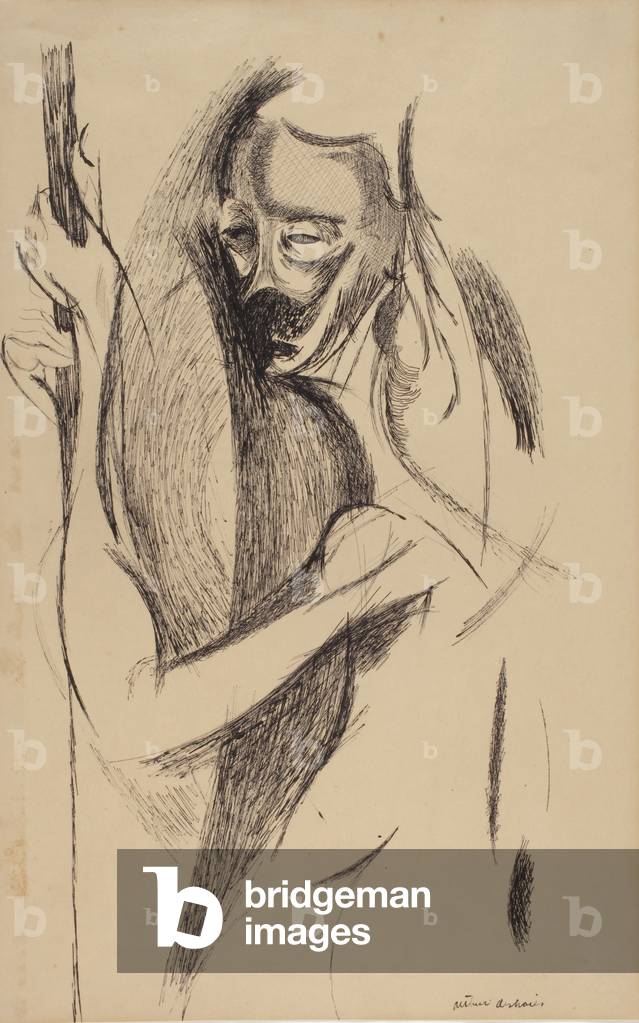 "Mann mit Stab (Stift und Tinte auf braunem gewebtem Papier)" von Arthur Deshaies, b/w