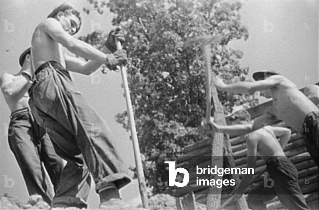 Bild von Fotografie "Das Civil Conservation Corps (CCC) bei der Arbeit (Foto)" 1935 von Carl Mydans, b/w