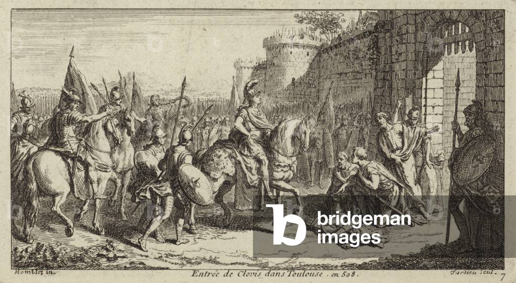 Clovis I, King of the Franks, entering Toulouse after defeating the Visigoths, 508 (engraving)