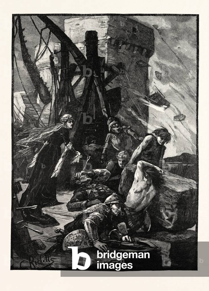 Bild von Gravur "Schwarze Agnes bei der Belagerung von Dunbar Castle", b/w