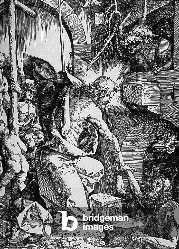 Image of Engraving depicting Detail of the descent in limbo by Albrecht Dürer or Duerer, b/w