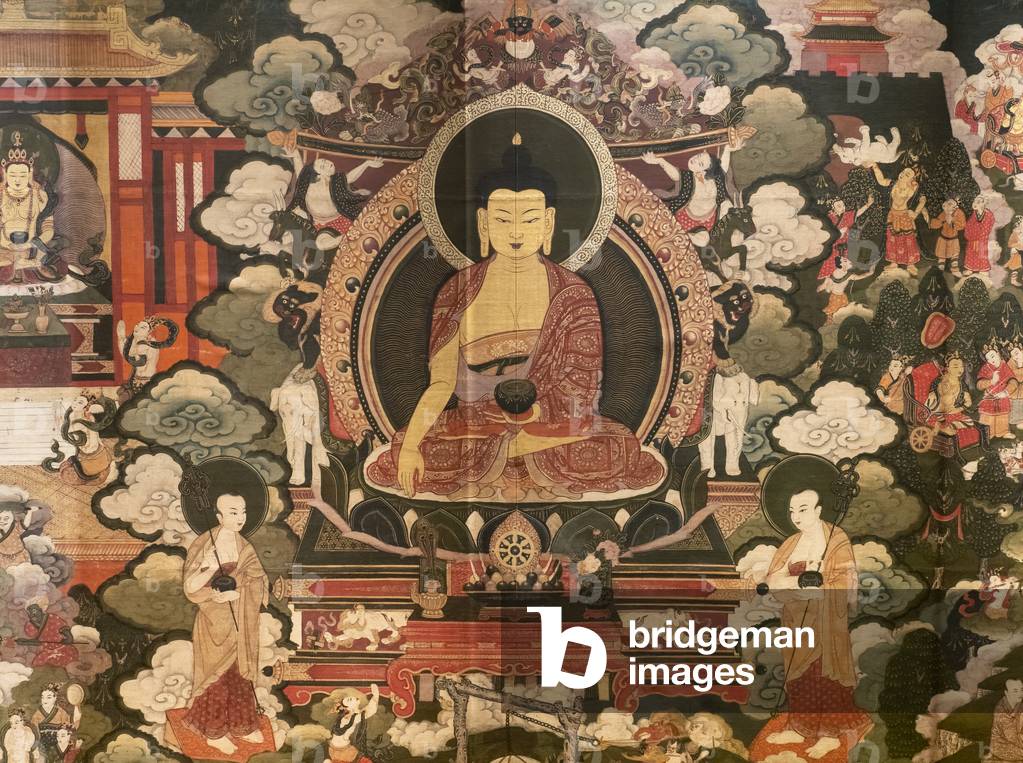 Scene della vita del Buddha Shakyamuni (particolare). Prima metà del XVII secolo (?). Drempe su tela.