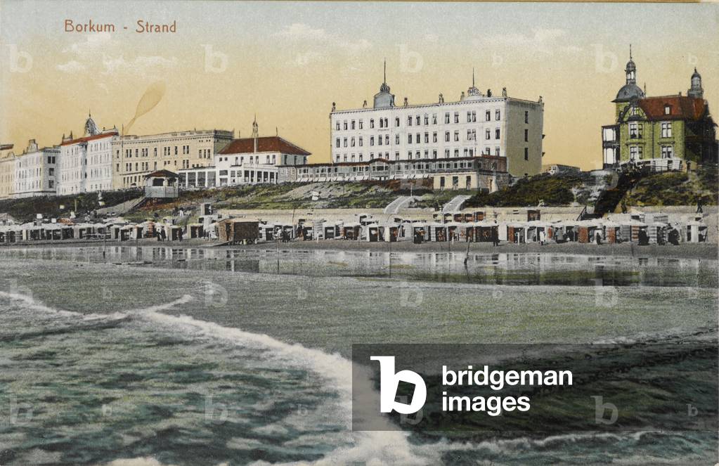 "Alberghi e spiaggia. Borkum è la più grande e occidentale delle isole Frisone Orientale nel Mare del Nord"