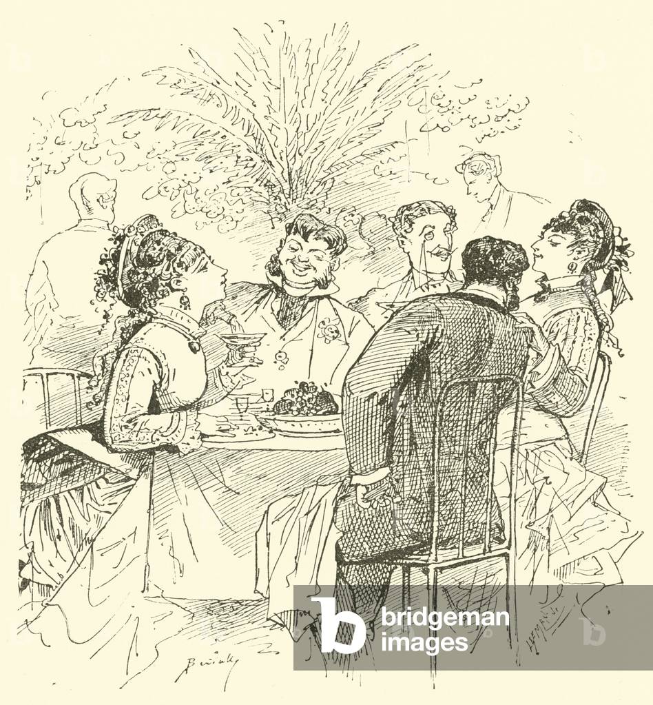 "Café Szene aus dem 19. Jahrhundert (Gravur)" von English School, b/w