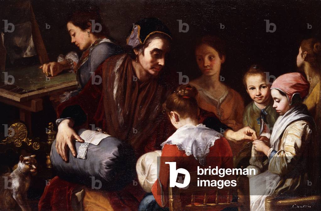 ragazze essere insegnato cucito da una sarta, (olio su tela)