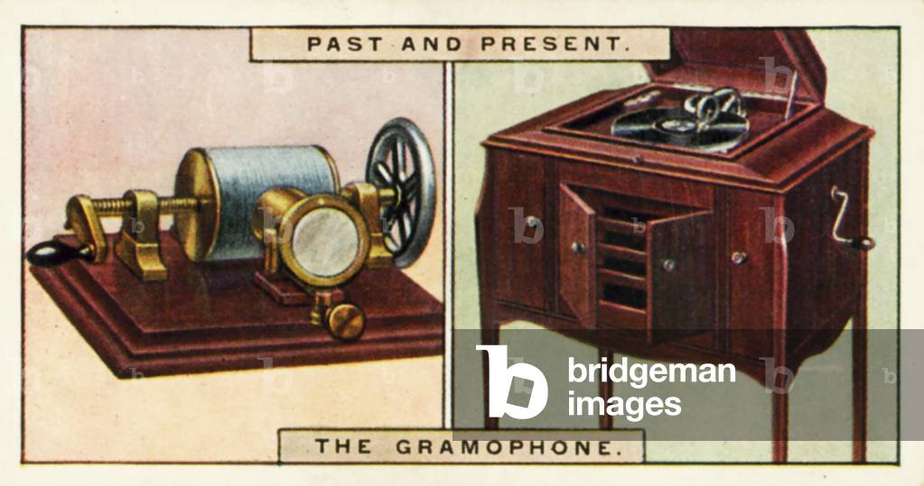 Bild von Druck "Vergangenheit und Gegenwart: Das Grammophon (Farblitho)" 1901 von English School