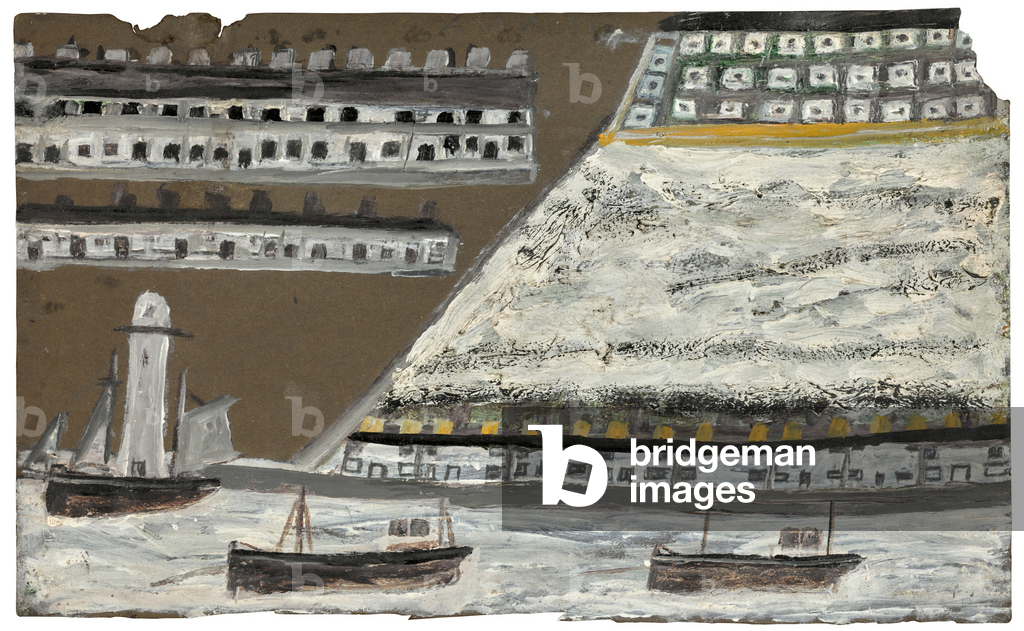 Navi e faro, case, 1855-1942 circa (matita e olio su carta)