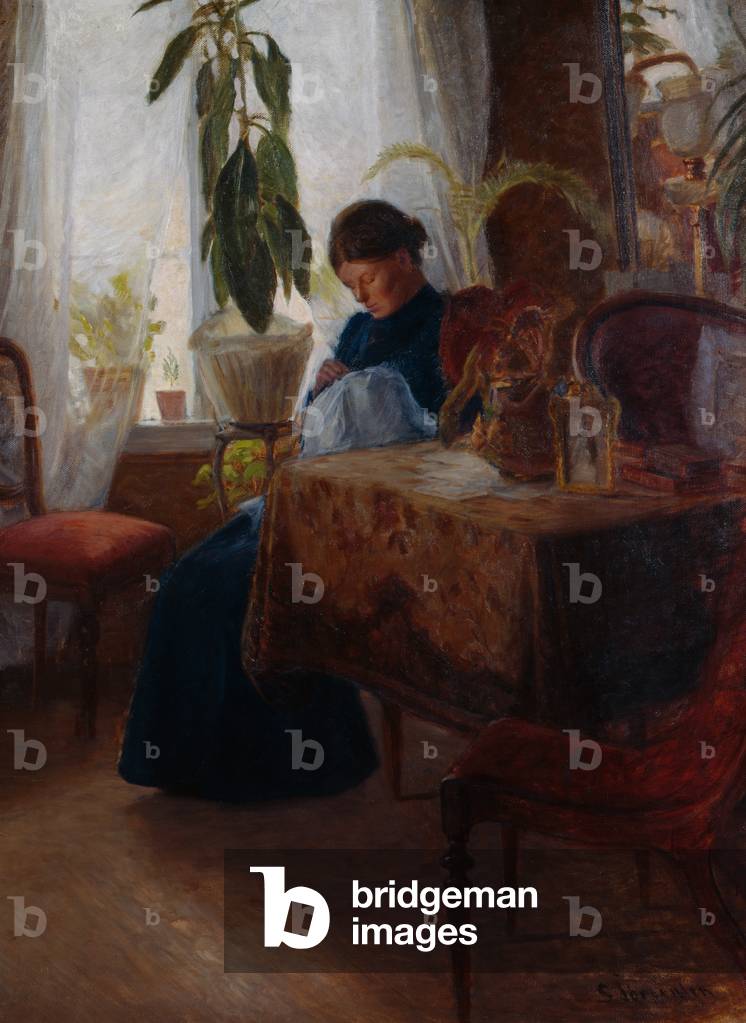 Interior with woman sewing by Sven Jorgensen