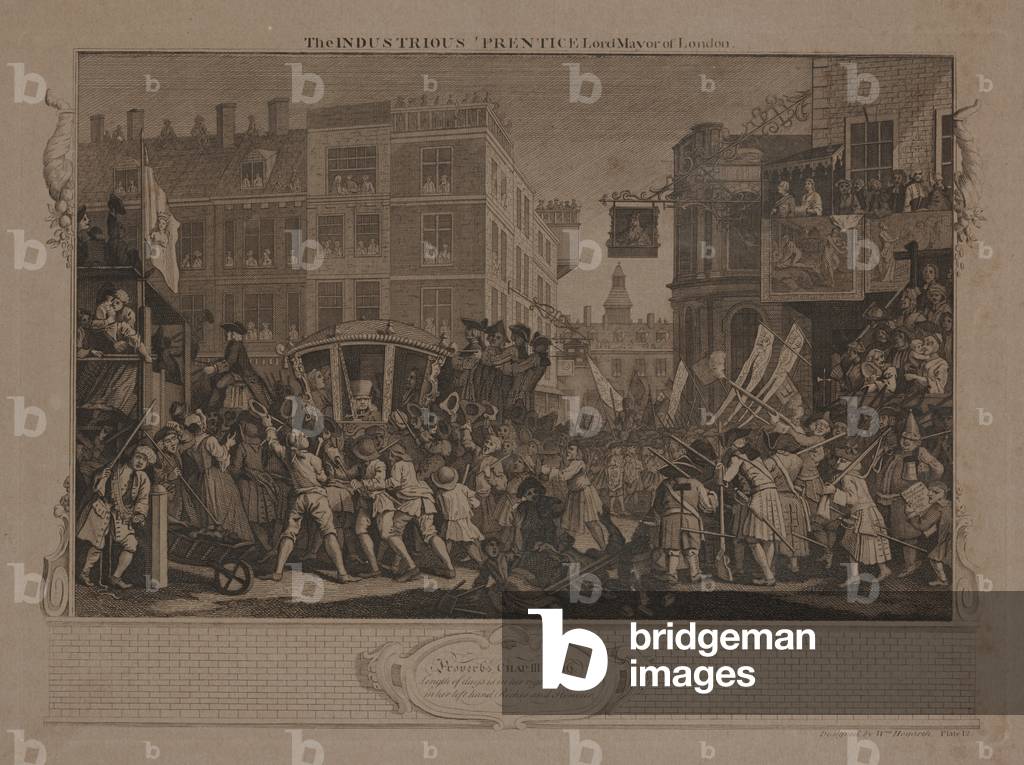 Bild von Gravur "Der fleißige Prentice Lord Mayor of London", 1747 von William Hogarth, b/w