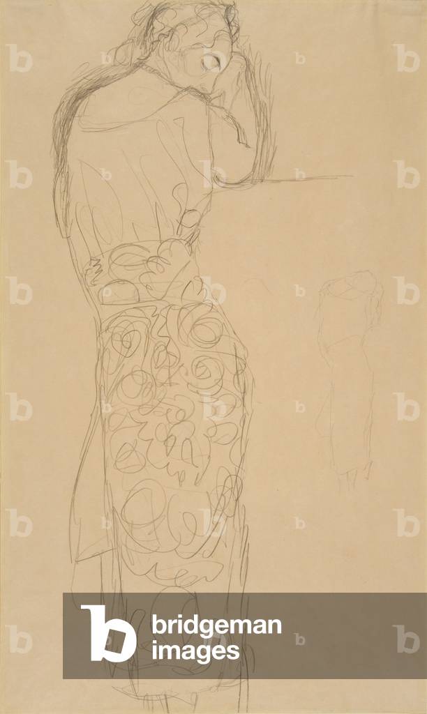 Immagine di Disegno "Donna in piedi con abito a motivi geometrici" 1917 di Gustav Klimt