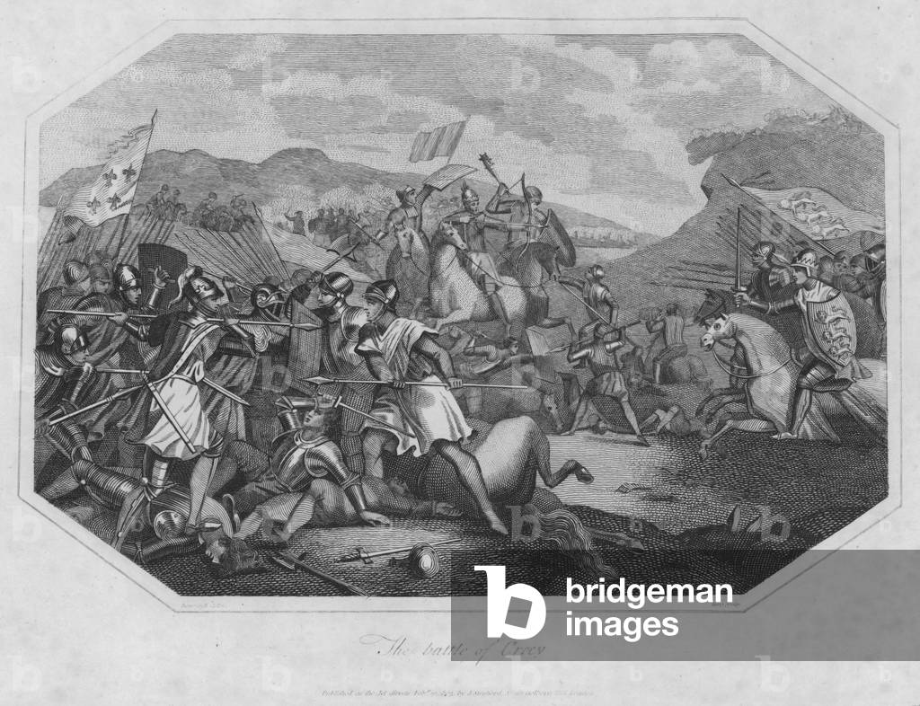 La bataille de Crecy (gravure) par English School, b/w