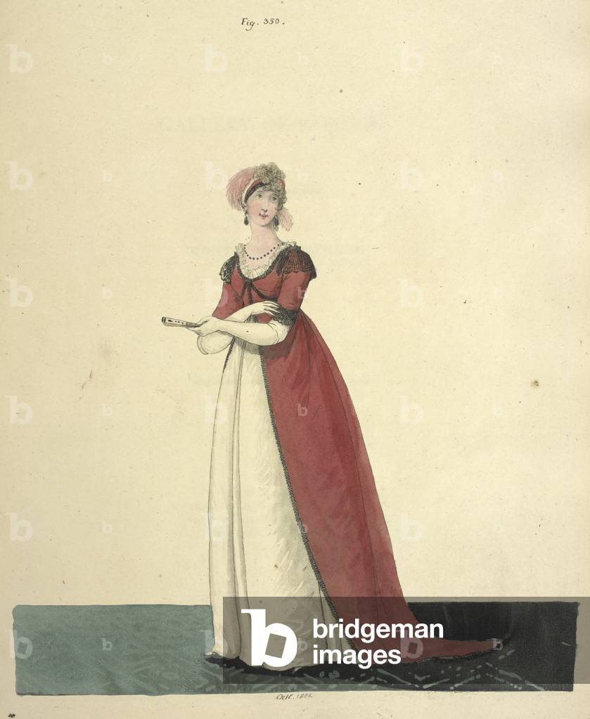 Figura 350: I capelli vestiti in ringlets,...; fascia di velluto nero; crappo bianca e color cremisi; sarcenet