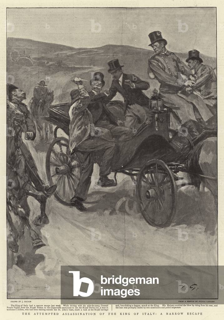 The Attempted Assassination of the King of Italy, a Narrow Escape (litho)