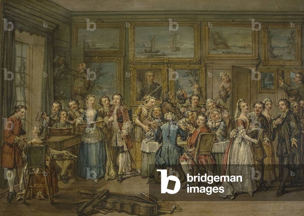 Un interno di una stanza nella vecchia casa Montagu con signore e signori (olio su tela)