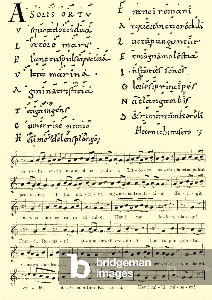 Notation musicale : Lamentation écrite sur la mort de Charlemagne en 814 en notation Neumes ou Meumes. VIIe au