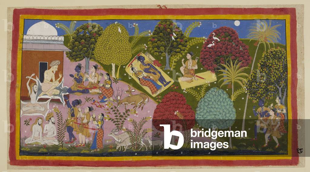 Immagine di Miniatura "Il gruppo di Rāma chiede il consiglio di Bharadvāja; si dirige verso la montagna Citrak