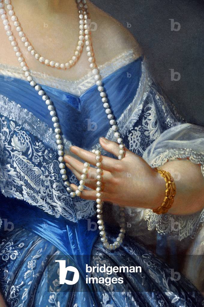 Ritratto di donna in blu, dettaglio (olio su tela, XIX secolo)