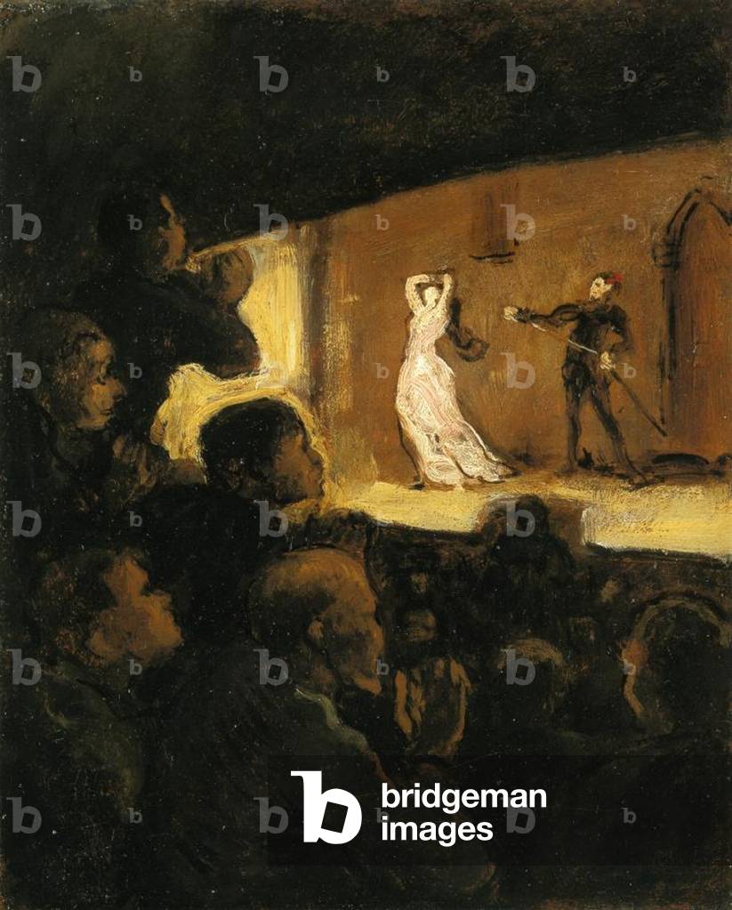 Immagine di Dipinto "nel teatro 1860-64 (olio su tela)", 1860-64 di Honore Daumier, b/w