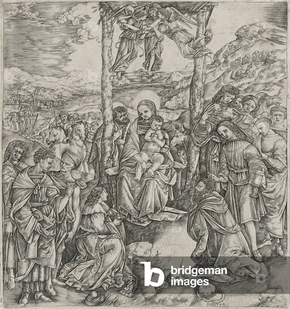 Immagine di Incisione "Adorazione dei Magi (incisione su carta)" di Cristofano Robetta, b/w