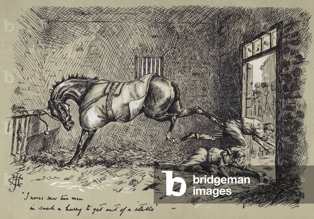 Deux hommes fuyant une écurie d'un cheval qui donne des coups de pied (gravure) 1801 par English School