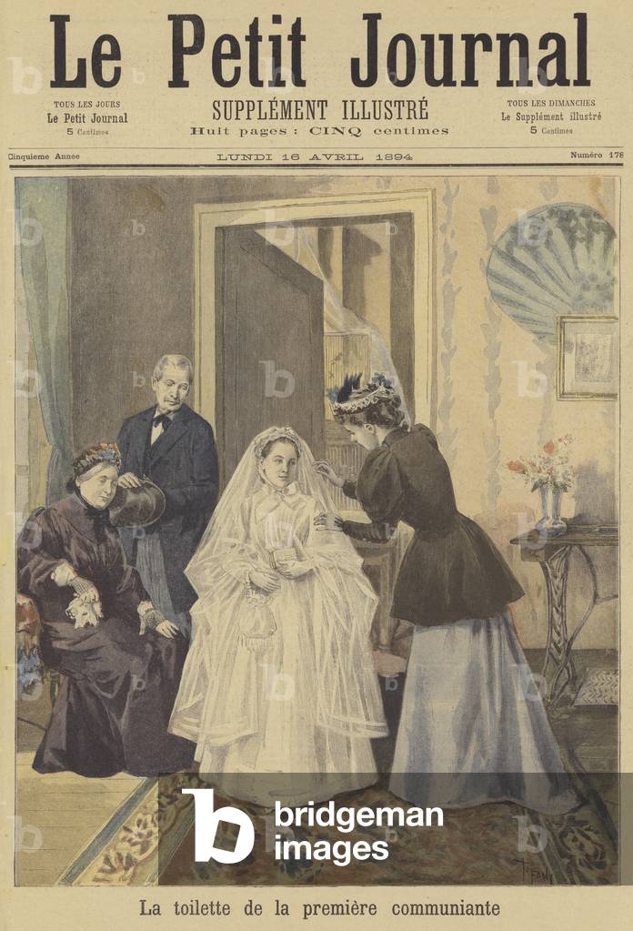 Ein Mädchen, das sich auf die Erstkommunion vorbereitet (Farbe Litho)