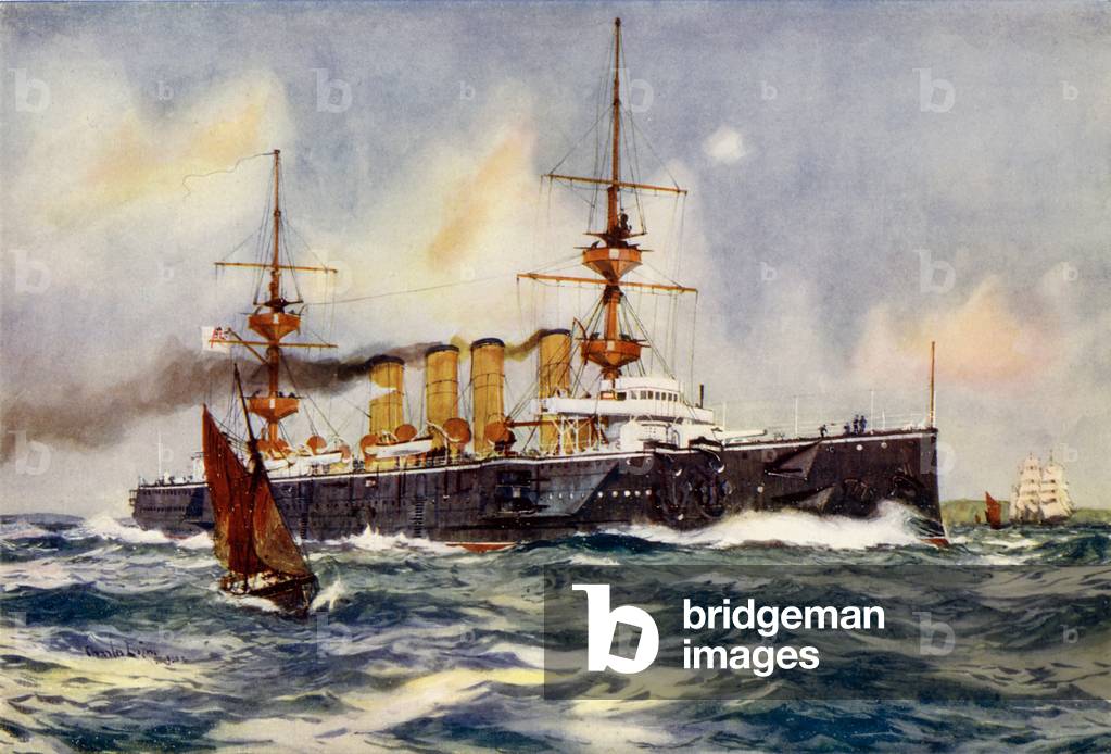 HMS “Powerful” Steaming up Channel sur son retour d'Afrique du Sud (coloris litho) par Charles Edward Dixon