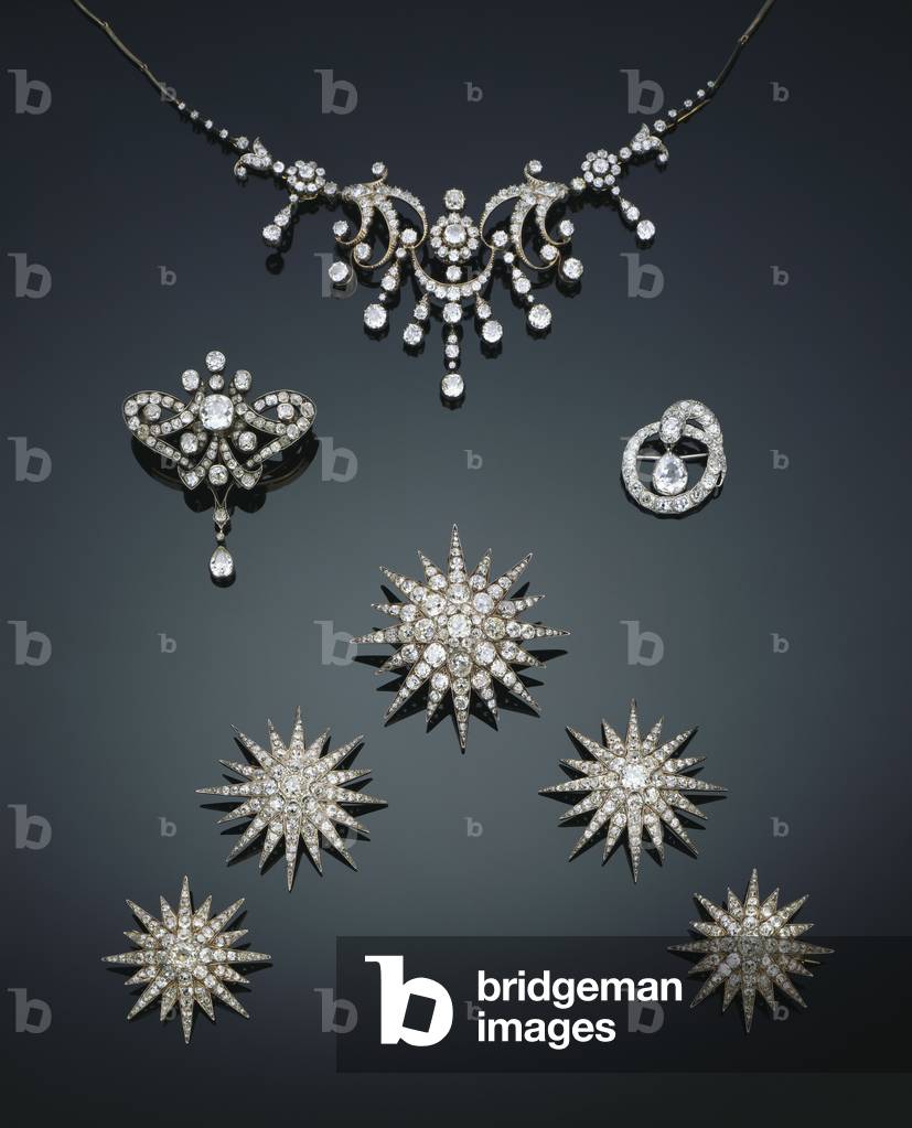 Collana/tiara vittoriana con diamanti, c.1890; spilla antica con diamanti russi, c.1890; spilla a serpente di 