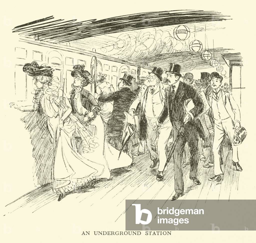 Une station de métro (gravure) par Hugh Thomson, b/w