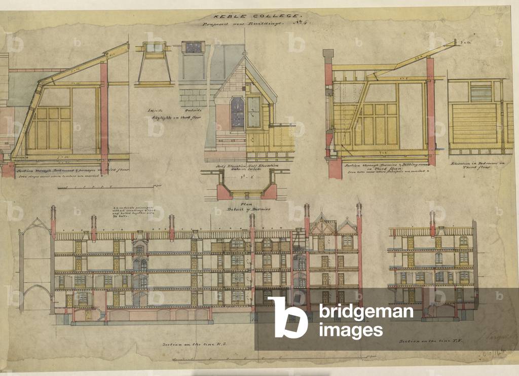 Immagine di Disegno "Keble College - Blocco D. N. 4. Sezioni" 1865 di William Butterfield