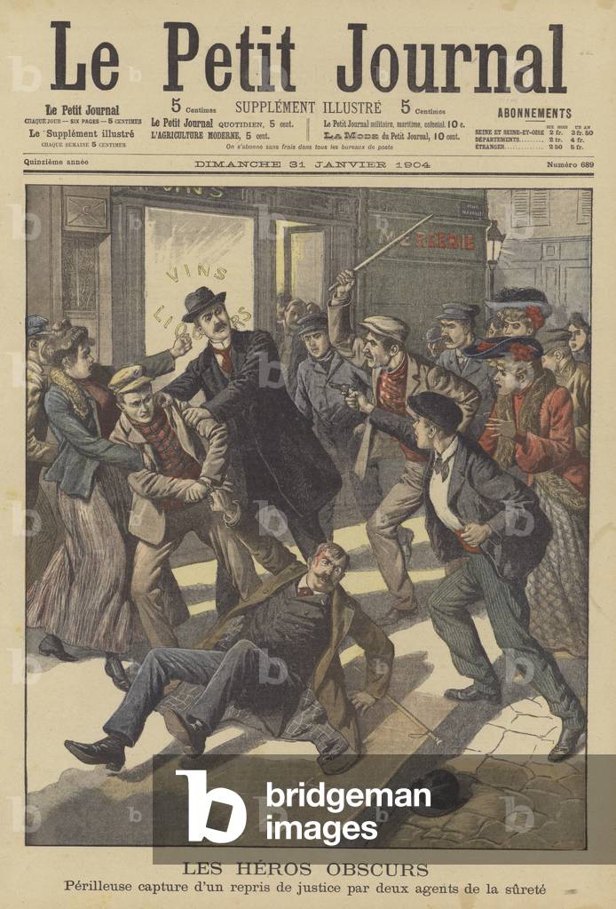 Capture périlleuse d'un fugitif par deux policiers français (coloris litho) par French School, b/w