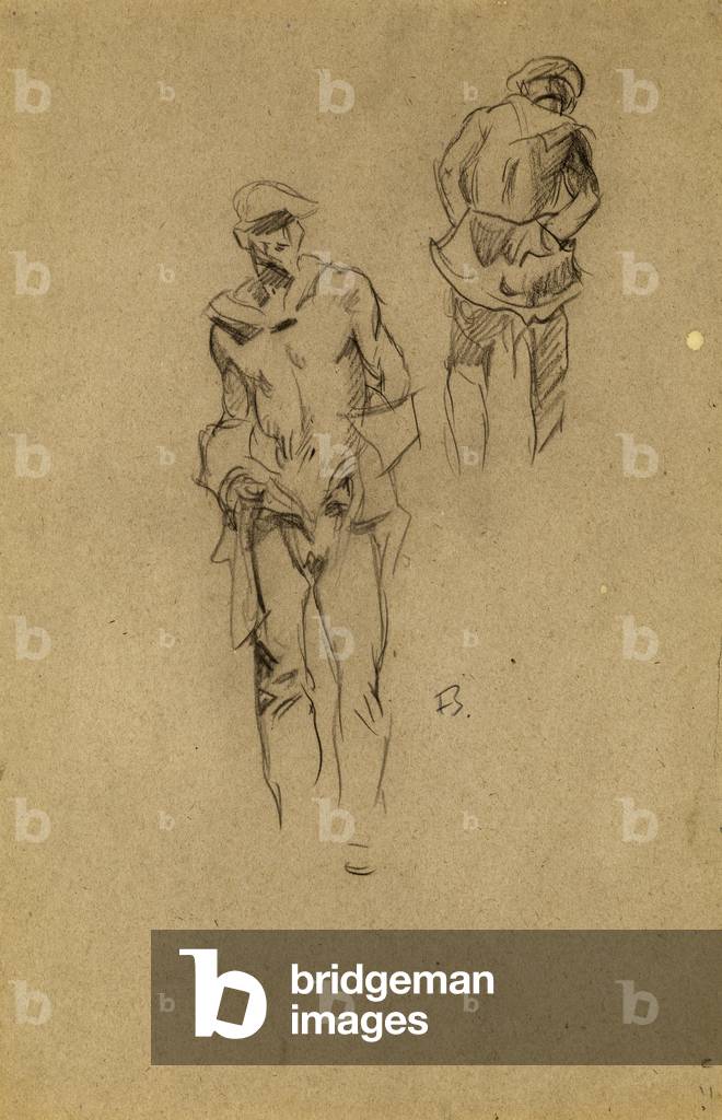 Front and back view of a man putting on overalls by Frank Brangwyn, b/w