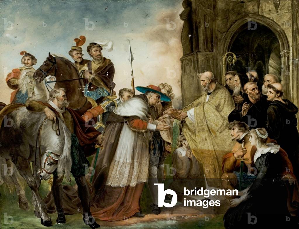 'Enrico VIII', atto IV, Scena 2, Cardinale Wolsey Entrando l'abbazia di Leicester (olio su vetro)