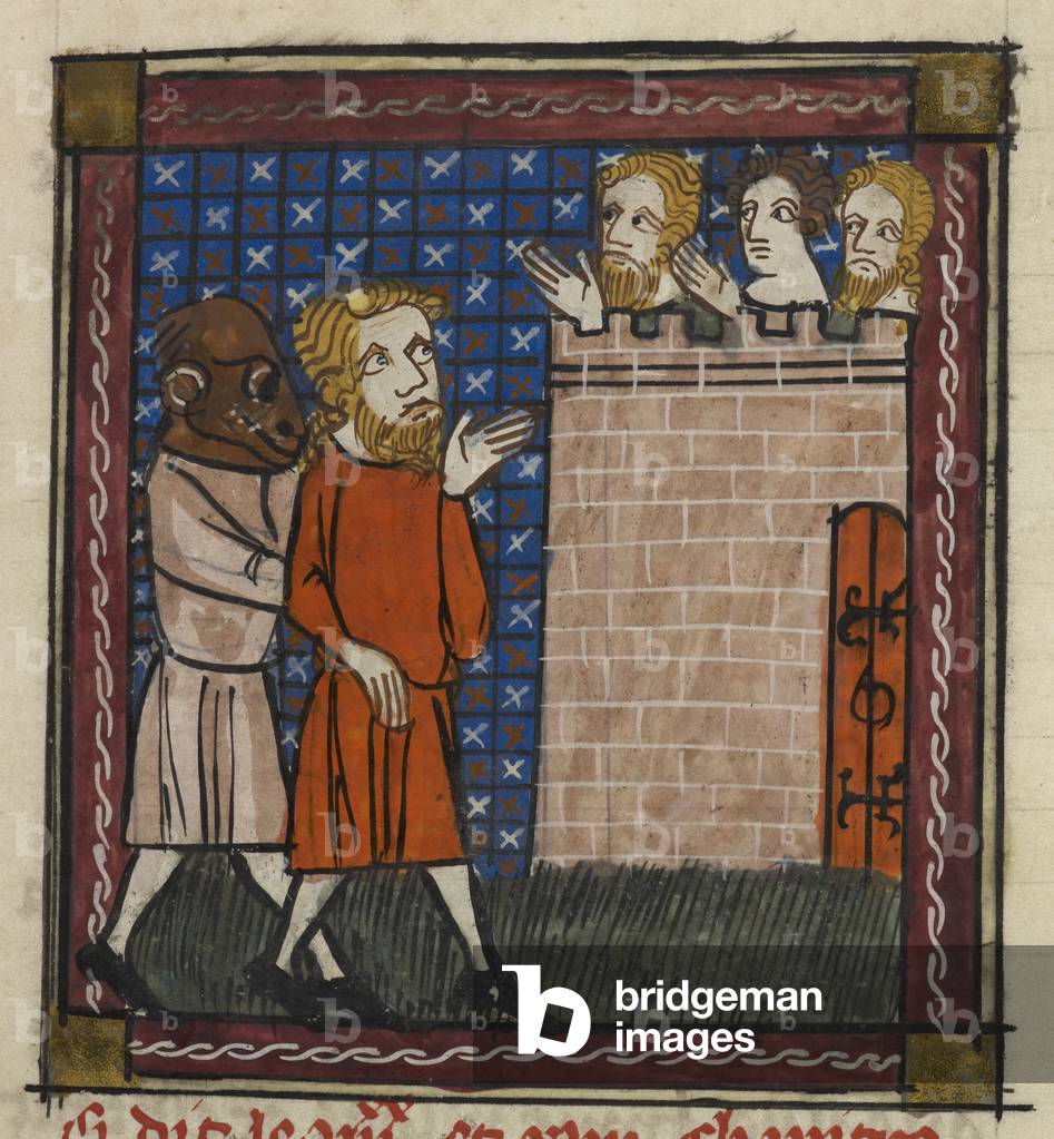 "Monströse Götzen des Ostens. Manuskriptillustration von zwei Männern (ein maskiert) außerhalb der Burgmauern.