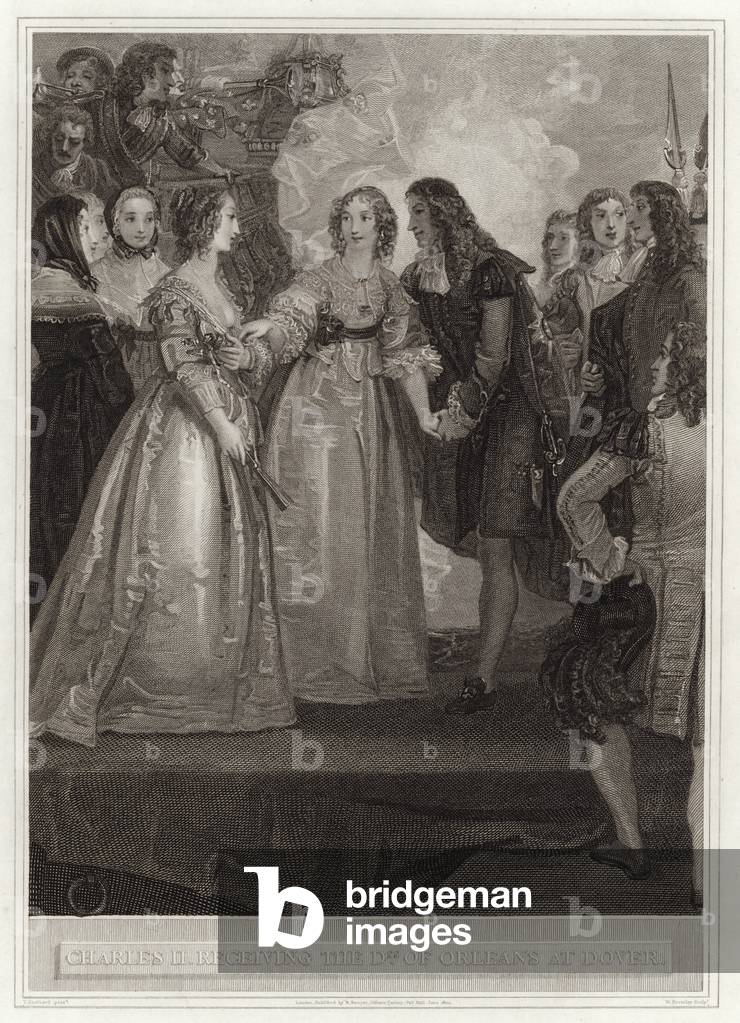 Charles II receiving the Duchess of Orleans at Dover (engraving) by English Artist, b/w