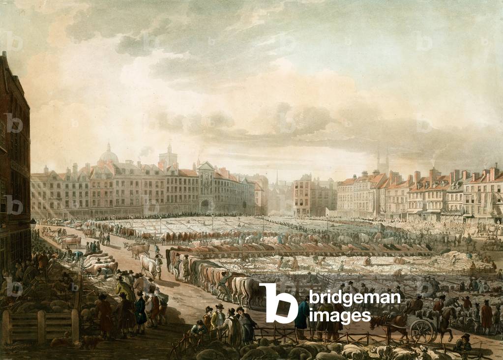Image of Engraving depicting Smithfield market  (coloured engraving) by English Artist