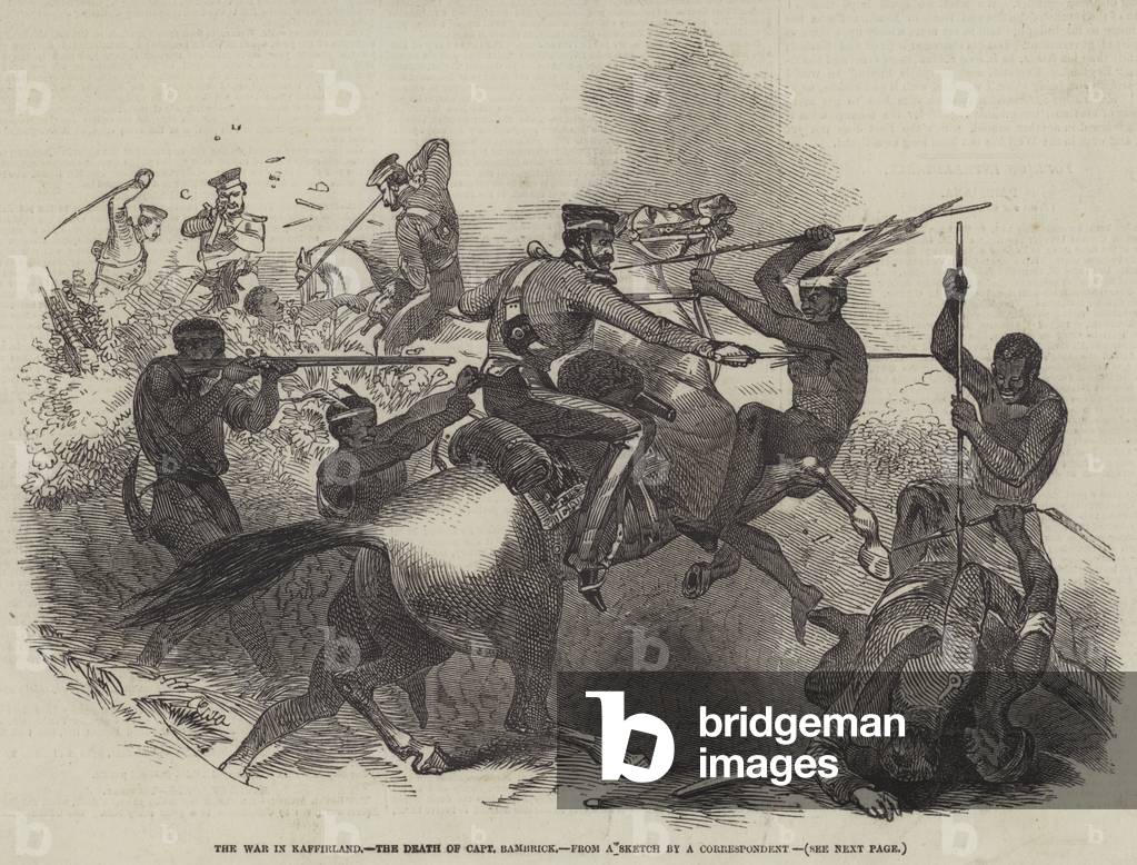 la guerra in kaffirland, la morte di capitano Bambrick (incisione)