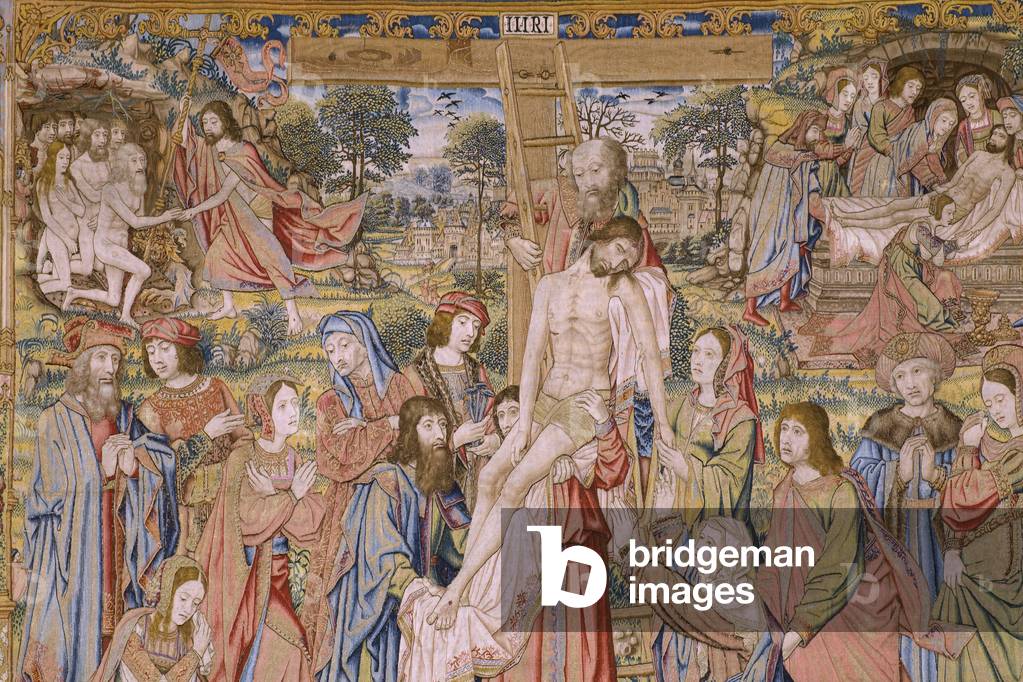 "arazzo fiammingo. Serie La passione di Cristo: Discesa dalla croce (Kruisafneming" 1507 di Jan van Roome