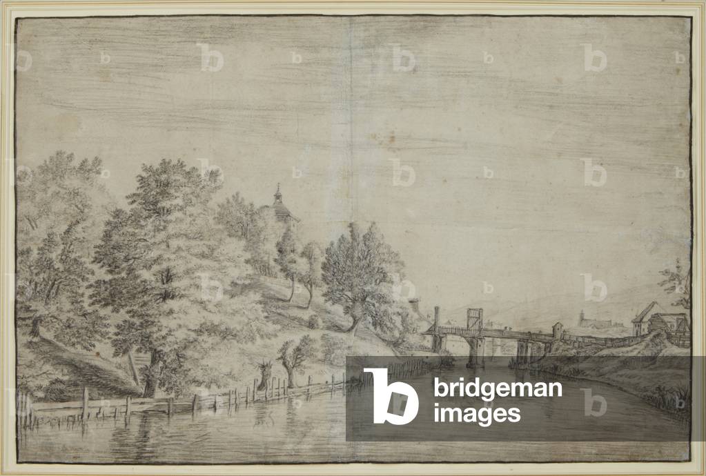 River Landscape with a Bridge and Town Beyond (black chalk & grey wash on paper)